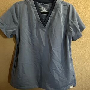 FIGS Slate Blue V-Neck Scrub Top with Navy Trim And the bottoms that match.